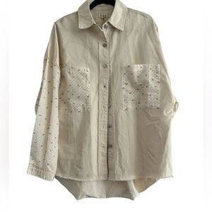 POL Oversized Mixed Media Button Down Shirt Cream Crochet Patch & Raw Hem Sz S